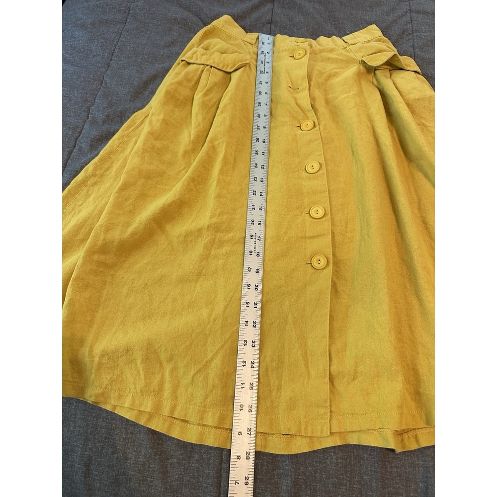 Modcloth Linen Blend Retro Womens Mustard Yellow Skirt 8 Midi Twee Pin Up Artsy - Picture 3 of 6